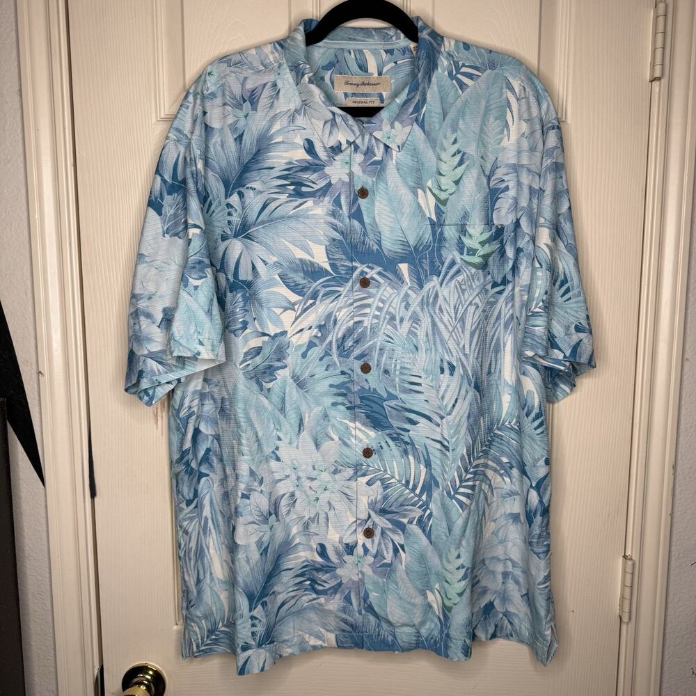 Tommy Bahama Shirt Mens 3XLT Blue Botanico Jungle Leaf Hawaiian Beach Camp Silk